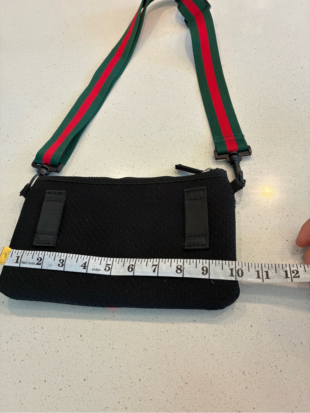 Black Crossbody Neoprene Pouch with Green and Red Stripe Adjustable Strap - Picture 12 of 15